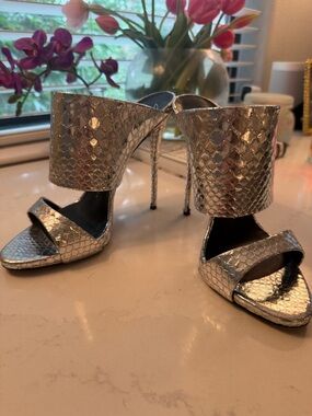 Giuseppe Zanotti Silver Snake-Embossed Stiletto Mules